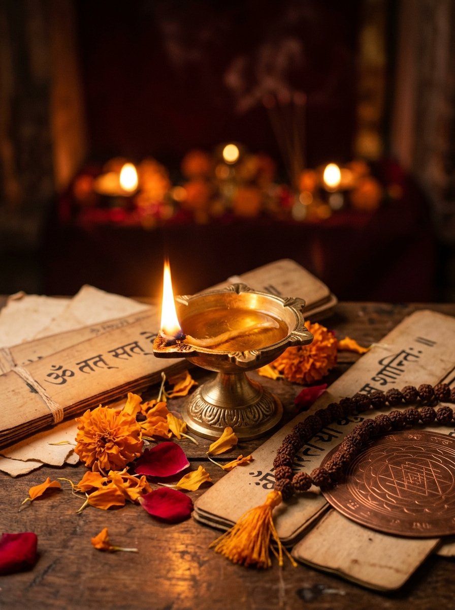 Vedic wisdom — ancient scriptures, sacred lamp and yantra